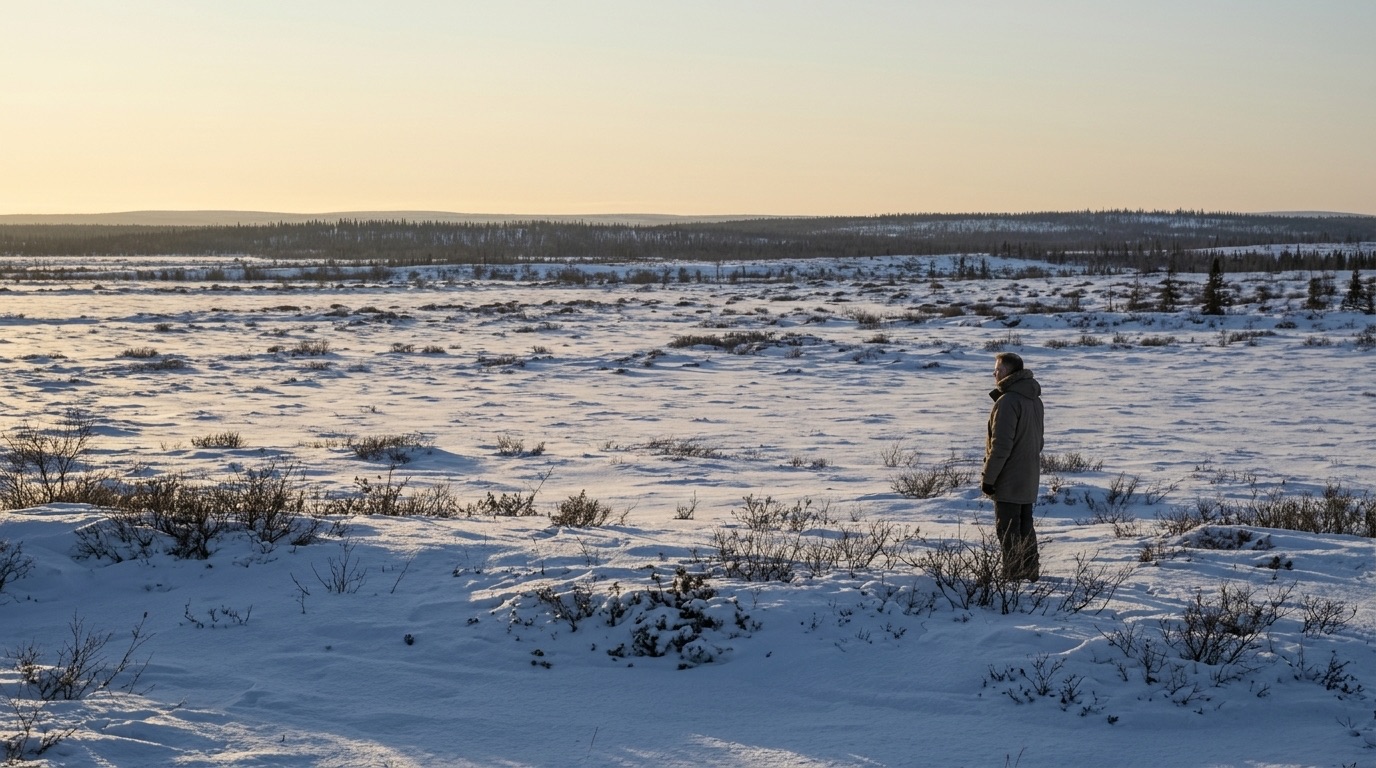An open northern landscape under low winter light, a figure small against the snow